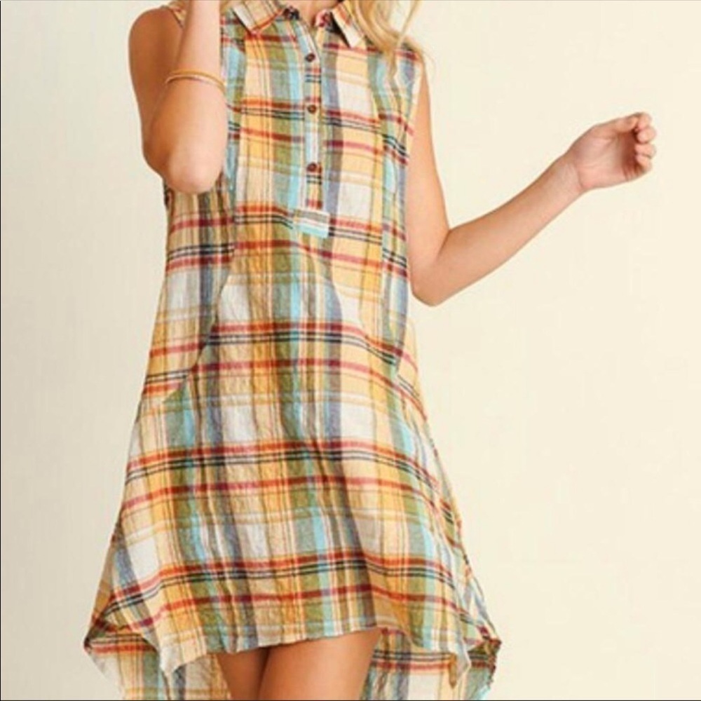 Umgee Sleeveless Colorful Plaid High Low Tunic Dress